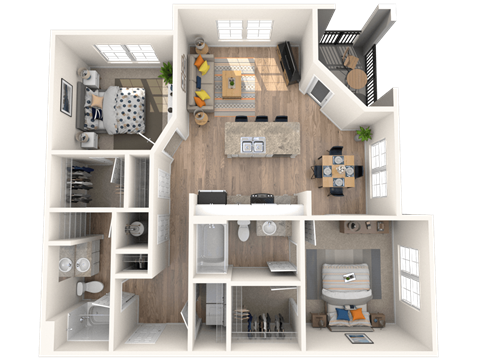 Floor plan for 2 beds, 2 baths, 1046 sqft